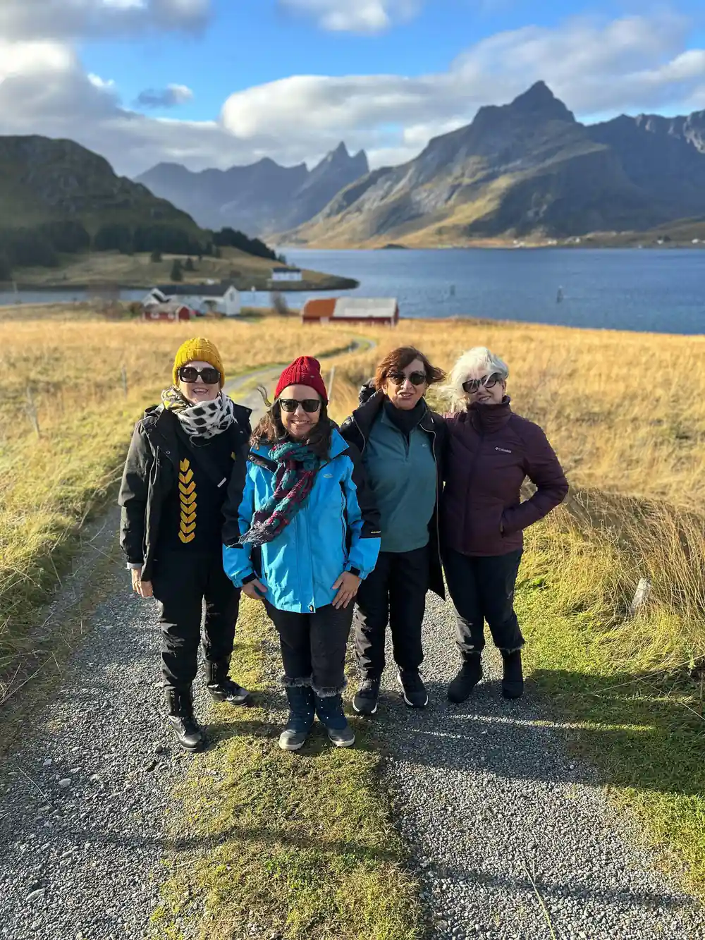 Four women standing in grassy field with mountains and water behind