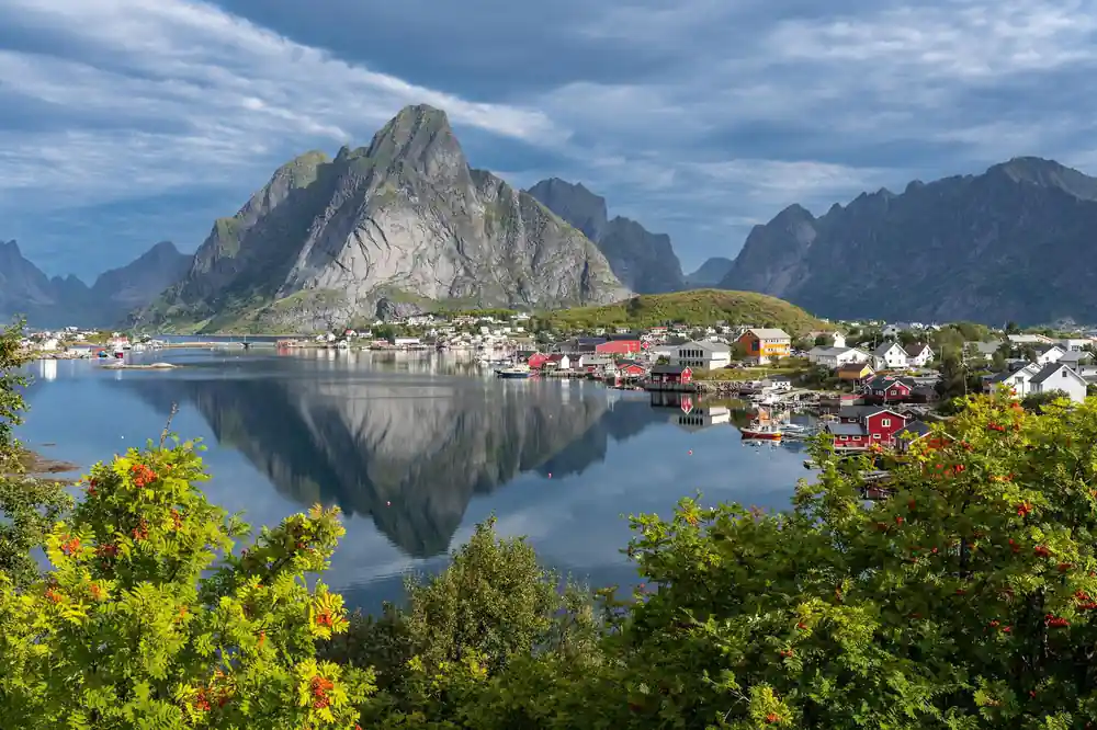 Mountain peak reflected in calm fjord surrounded by green vegetation