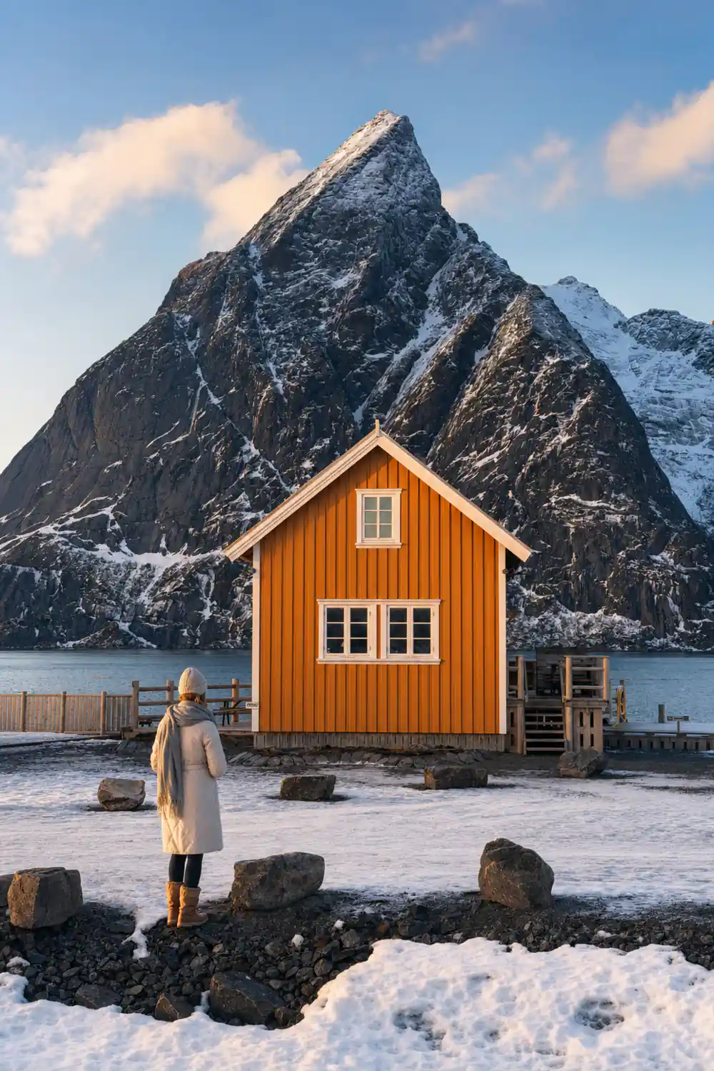 Orange cabin with white windows below snow-capped mountain peak