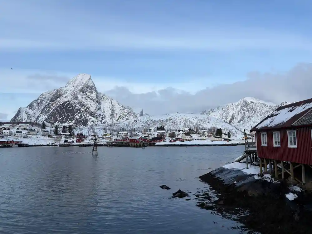 Snow-covered mountain peak above harbor with red buildings