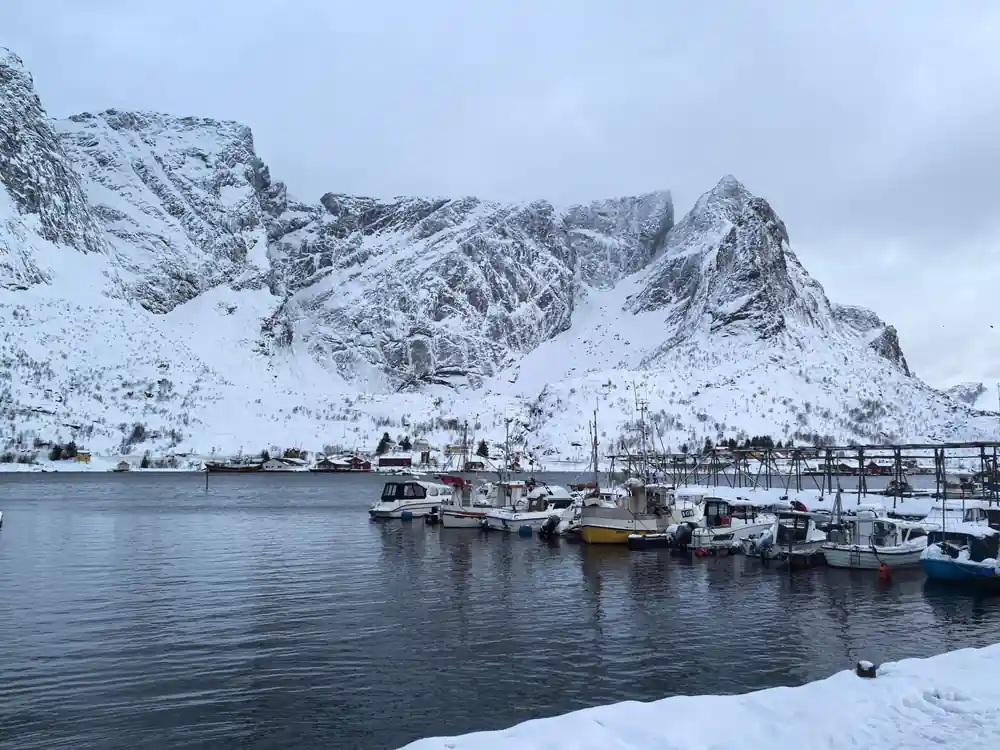 Snow-covered mountains overlook harbor with fishing boats