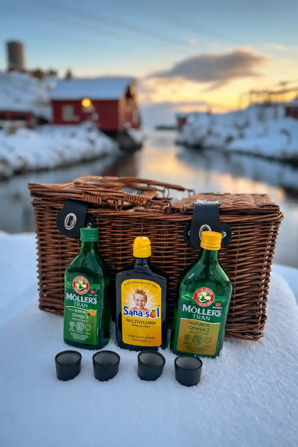 Wicker basket with three liquor bottles on snowy surface
